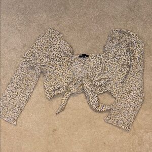 Love Tree 3/4 Sleeve Tie Front Cropped Blouse